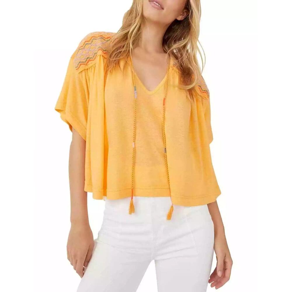 Free People Top Orange Peach Embroidered Geometric Short Sleeve V Neck Blouse S